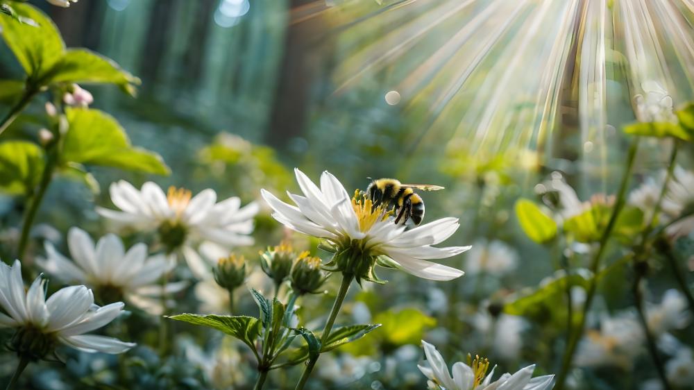 Bee Amidst Sunlit Forest Flowers wallpaper