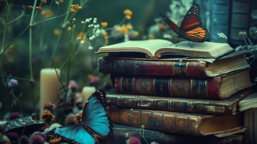 Magical Butterflies among Antique Books wallpaper