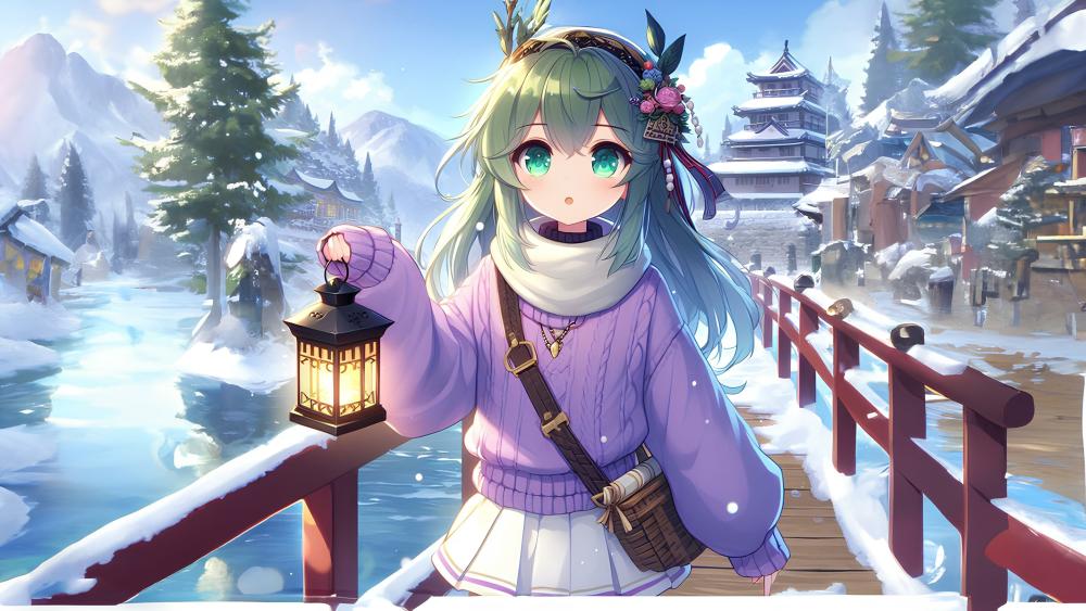 Winter Lantern Walk with Anime Girl wallpaper