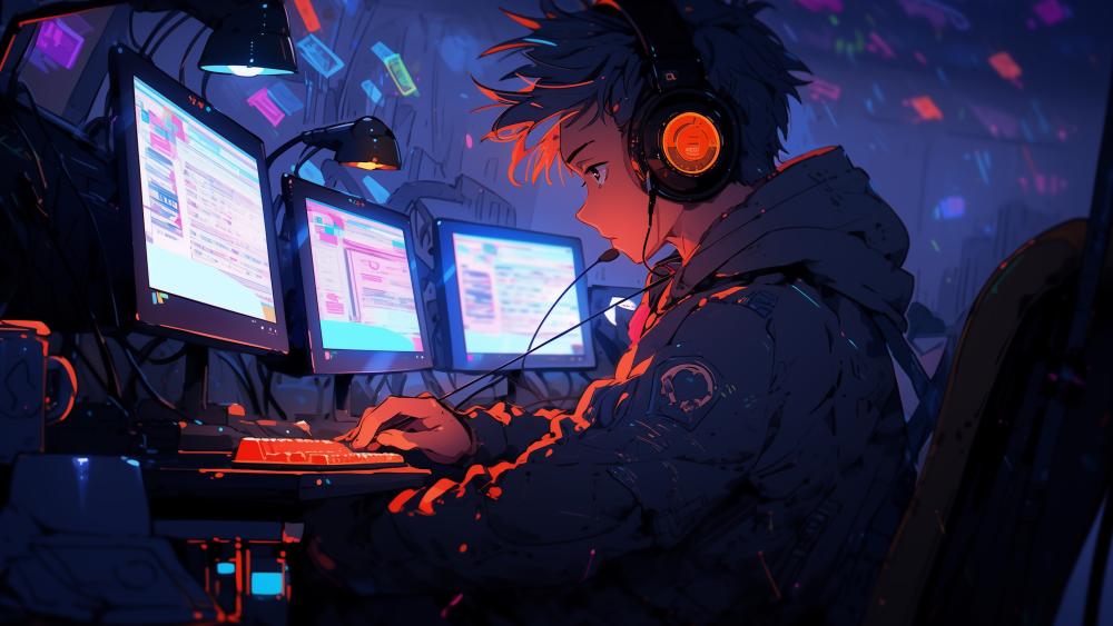 Anime Coder in High-Tech Workspace wallpaper