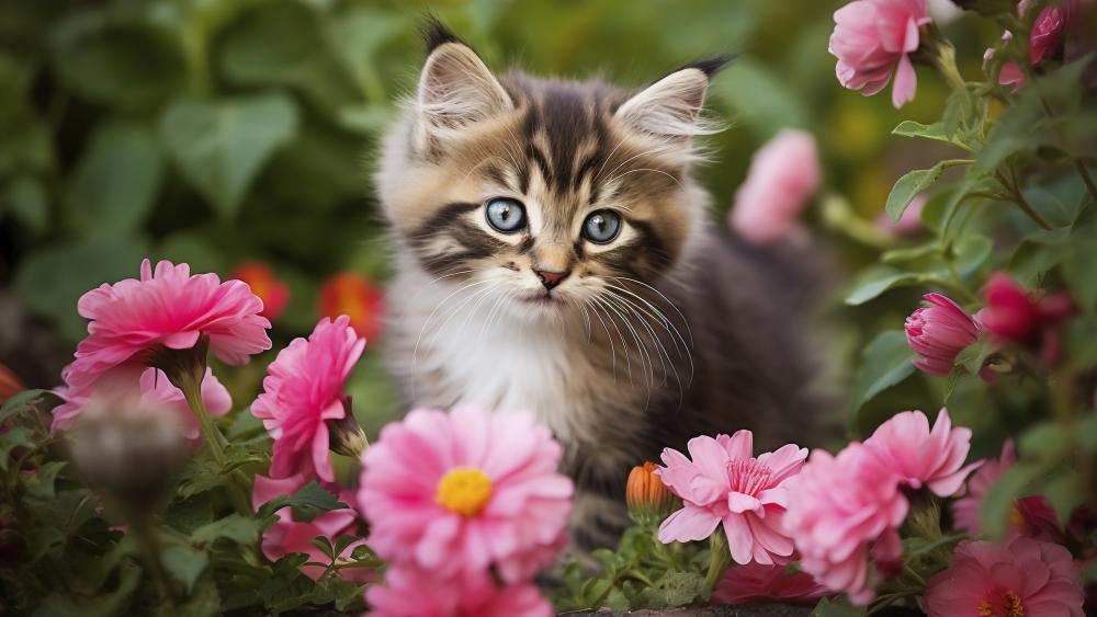 Adorable Kitten Among Flowers wallpaper