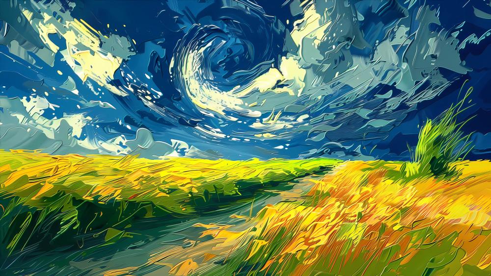 Whimsical Field with Swirling Sky wallpaper