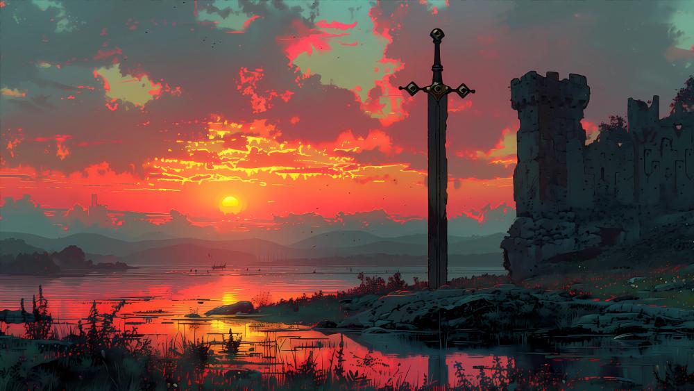 Sunset Castle Ruins with Sword in 4K Art wallpaper