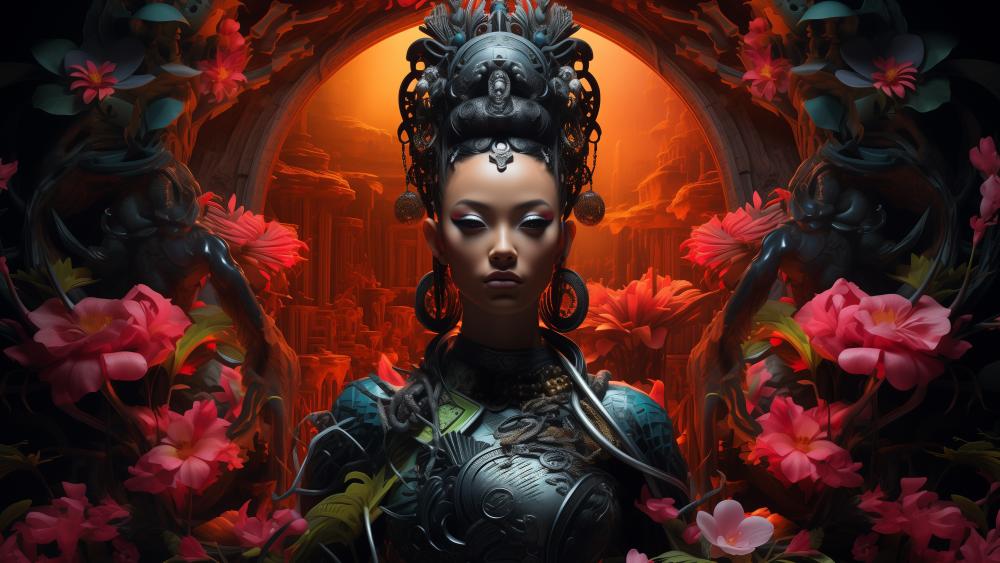 Mystical Geisha in Technicolor Realm wallpaper