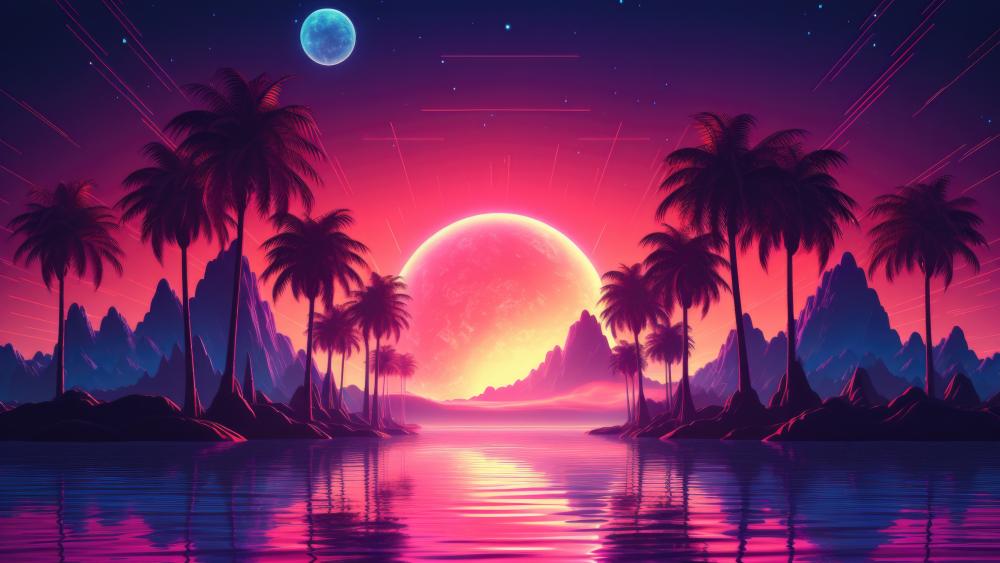 Retro Synthwave Neon Sunset Wonderland wallpaper