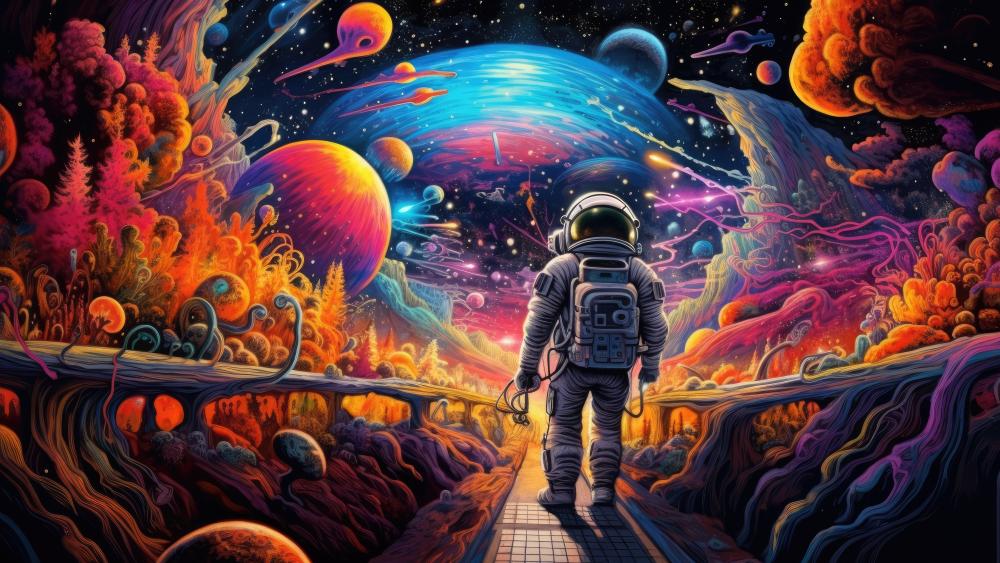 Astronaut's Fantastical Space Odyssey in Colorful Cosmos wallpaper