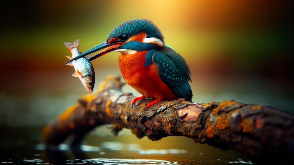 Kingfisher with a fish in its beak wallpaper