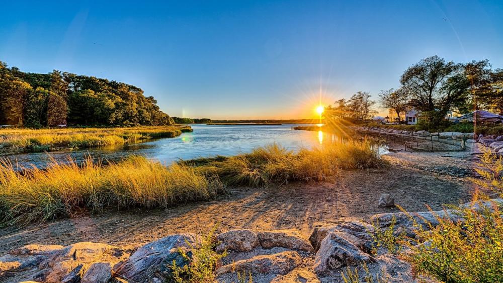 Golden Sunset Over Long Island River wallpaper