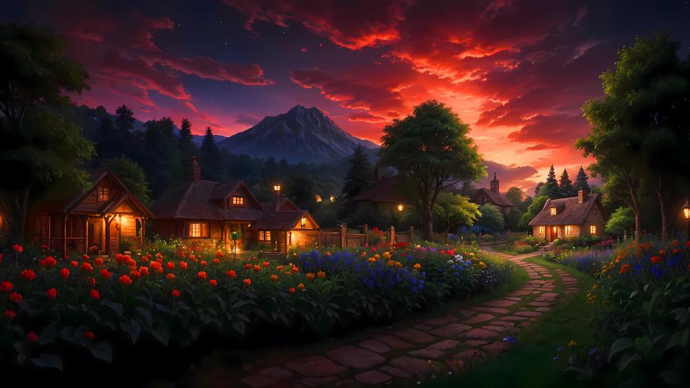 Charming Twilight Village Scene wallpaper