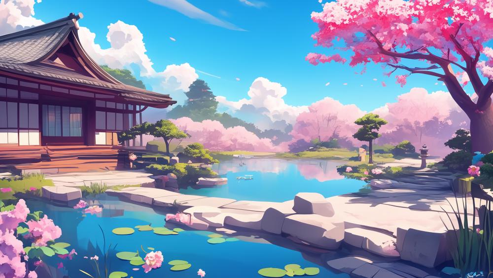 Serene Anime Spring Garden Scene wallpaper