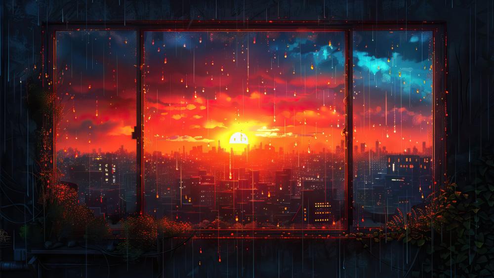 Breathtaking Rainy Twilight in Anime City wallpaper