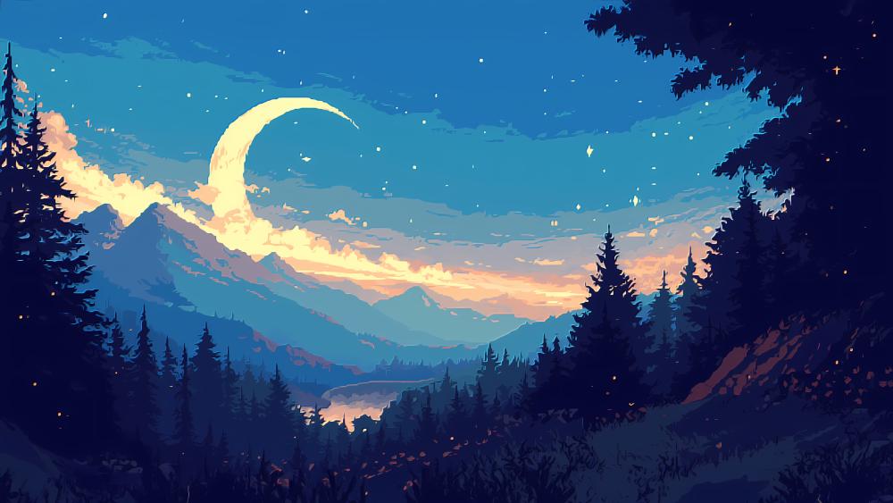 Crescent Moon Over Fantasy Mountains wallpaper