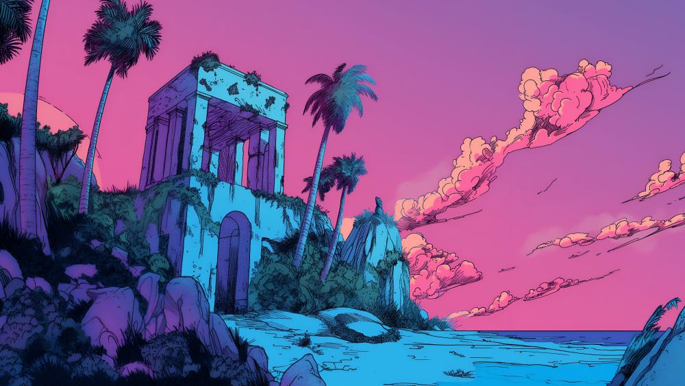 Retrowave Ruins by the Shore wallpaper