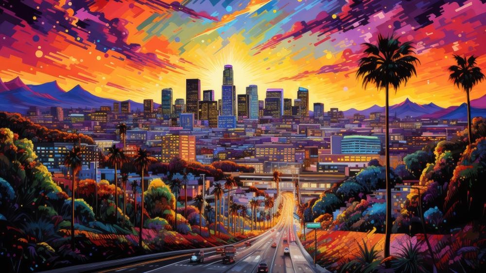 Los Angeles Sunset Fantasy Cityscape wallpaper