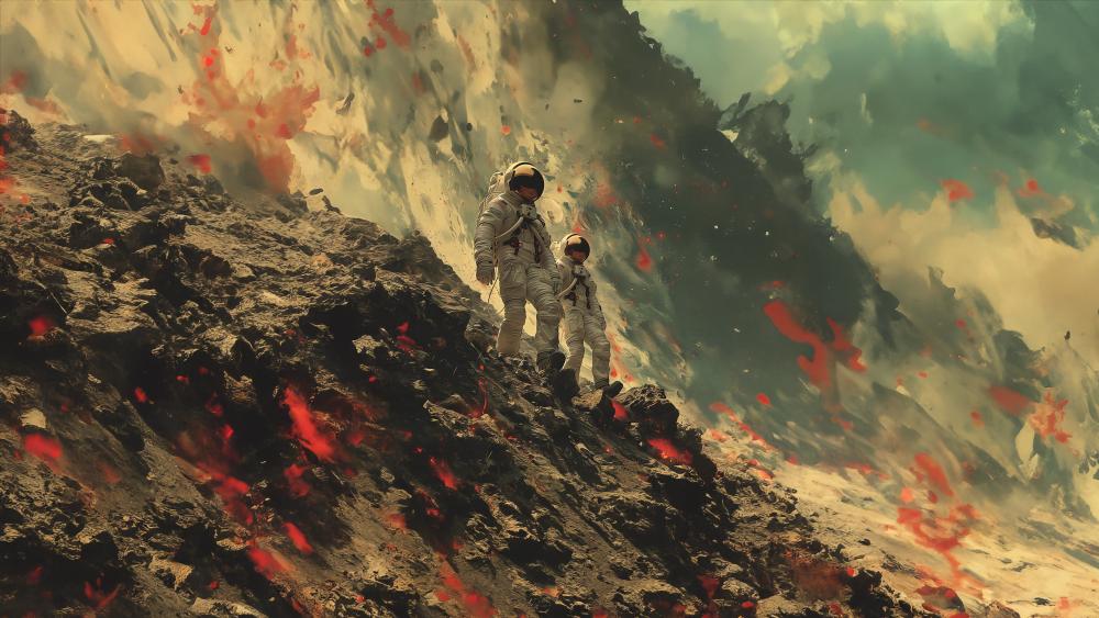 Astronauts in Fiery Lava Landscape wallpaper