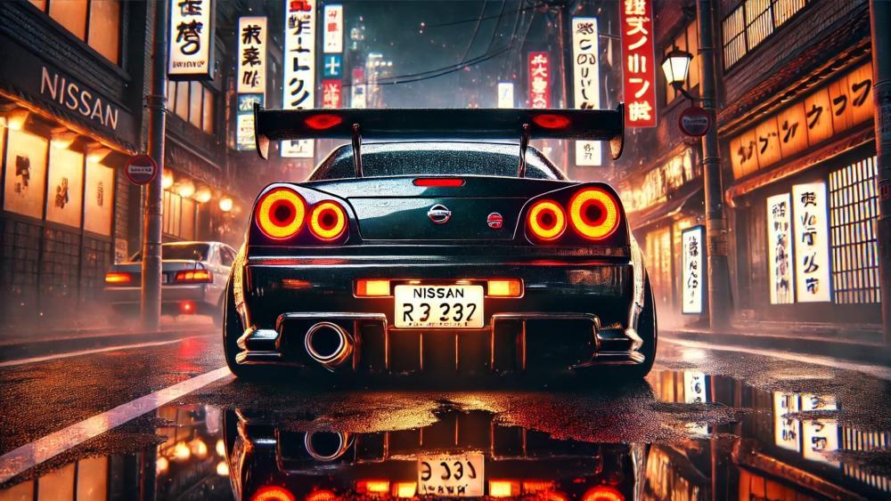 Nissan R34 in Neon Japan Streets wallpaper