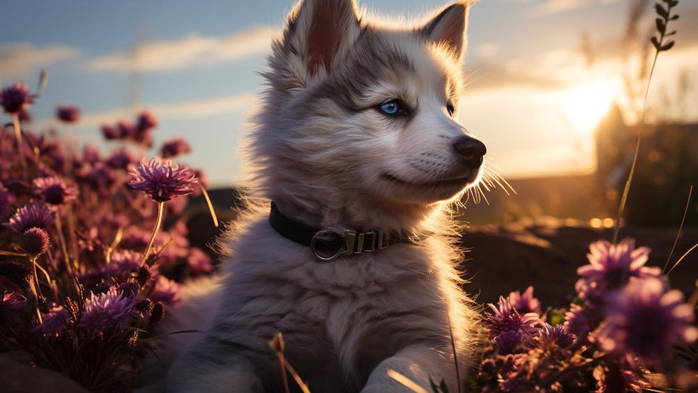 Husky Puppy in Flower Field Sunset wallpaper