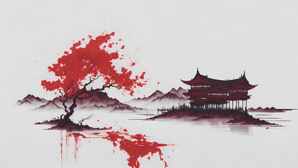 Serene Oriental Landscape with Red Tree wallpaper