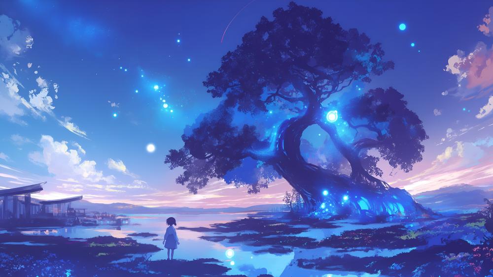 Enchanting Anime Night Sky Landscape wallpaper