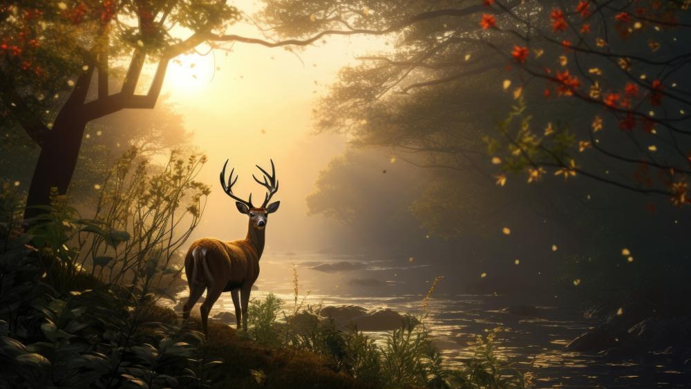 Serene Deer by the Riverside wallpaper