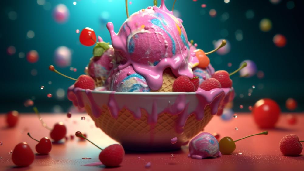 Delectable AI-Generated Ice Cream Delight with Fresh Fruit wallpaper