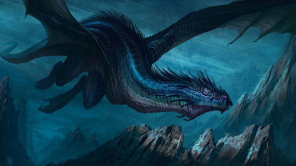 Mystical Blue Dragon in Flight wallpaper