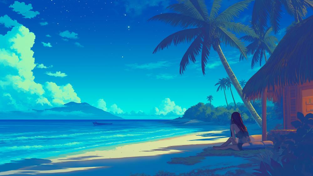 Tropical Anime Beach at Dusk wallpaper