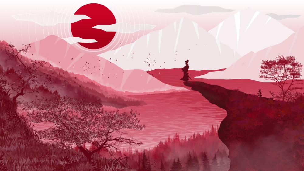 Minimalist Samurai in Red Landscape wallpaper