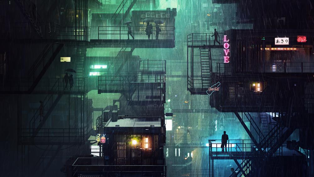 Neon Rain in Future City wallpaper