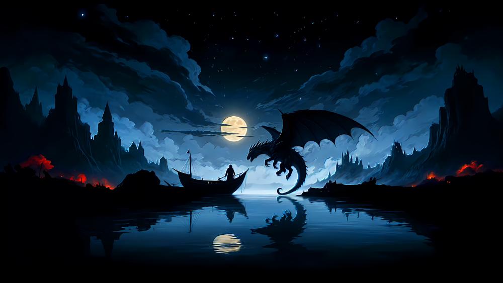 Moonlit Dragon Lake Adventure wallpaper