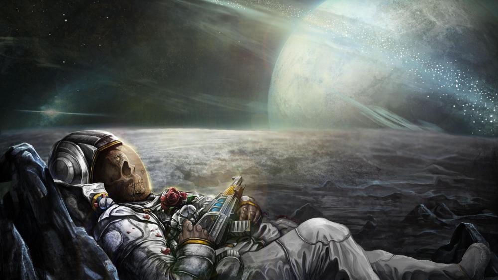 Skeleton astronaut enjoying in space wallpaper