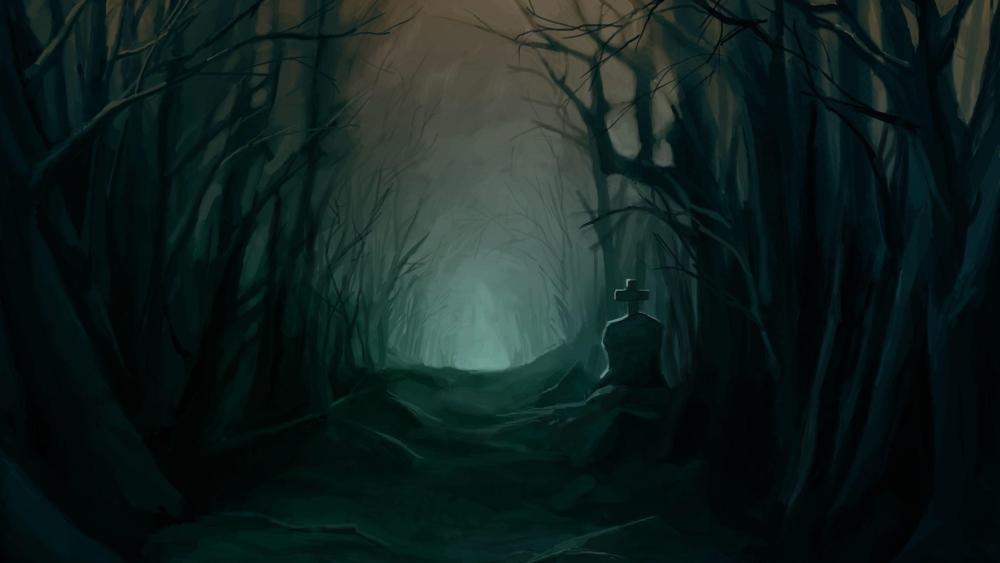 Creepy Forest Path and Lonely Tombstone wallpaper