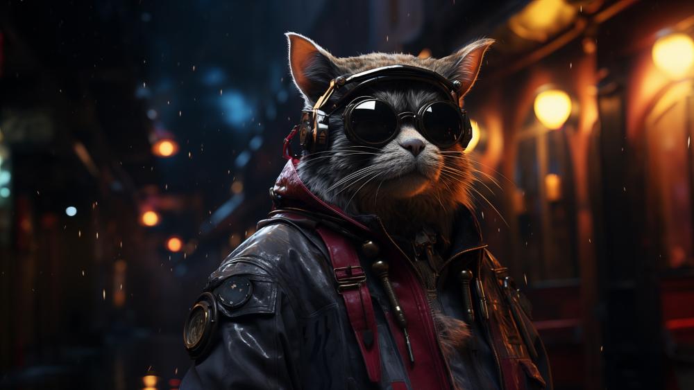 Cyberpunk Cat Adventure at Night wallpaper