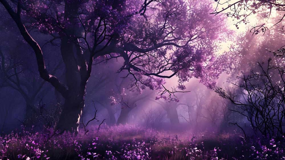 Enchanted Purple Forest Sunrise wallpaper