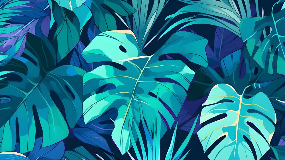 Abstract Monstera Leaves in Blue-Green Hues wallpaper