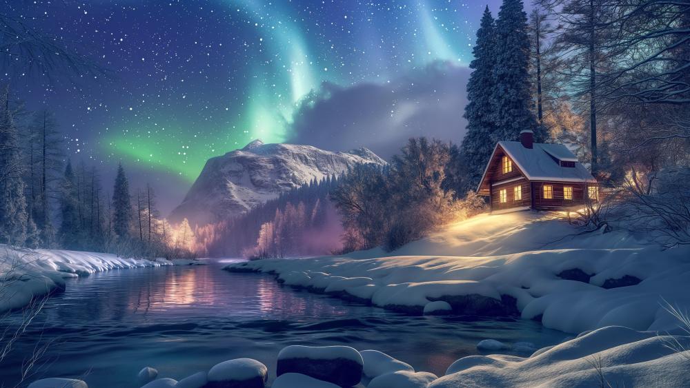 Aurora Over Snowy Cabin wallpaper