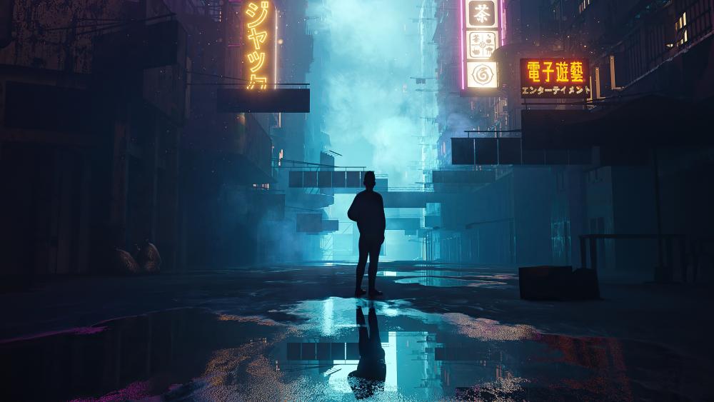 Neon Solitude in a Dystopian Night wallpaper