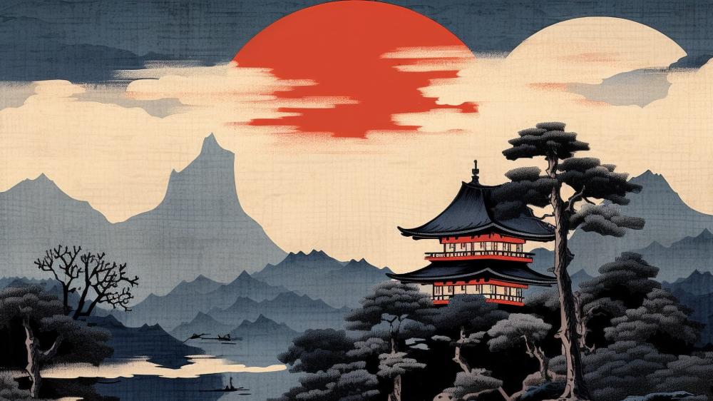 Red Sun Over Oriental Landscape wallpaper