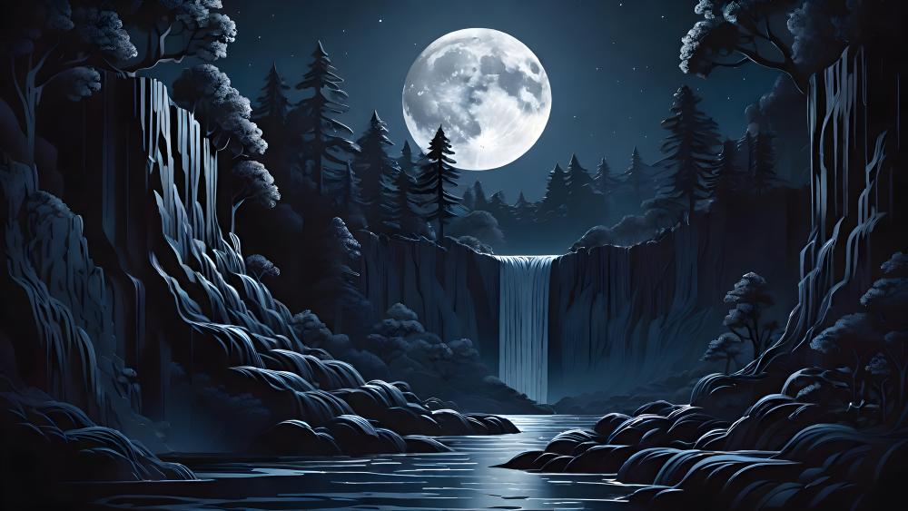 Moonlit Waterfall Serenity wallpaper