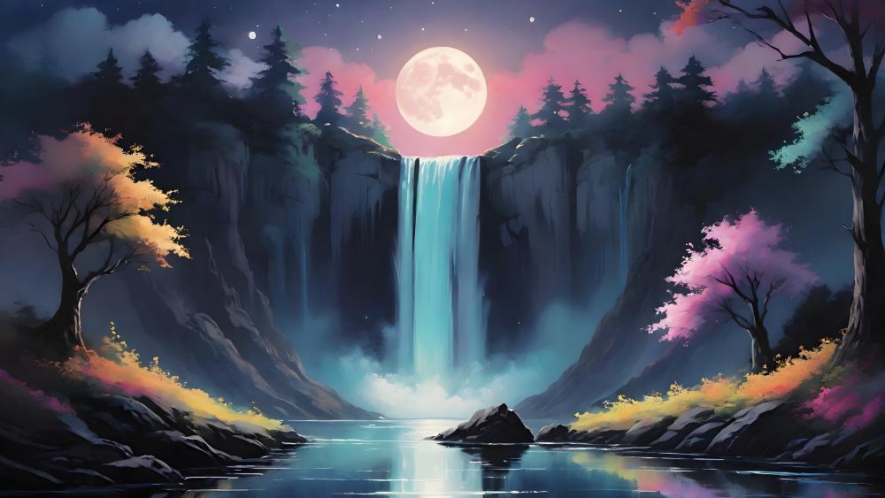 Moonlit Waterfall Dreamscape wallpaper