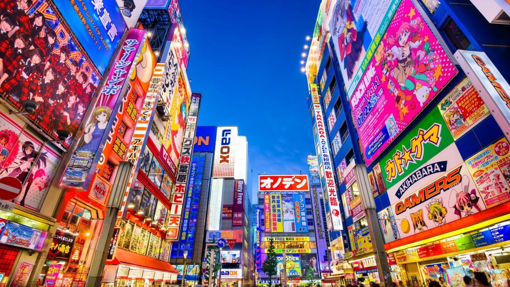 Neon Lights and Anime in Akihabara wallpaper