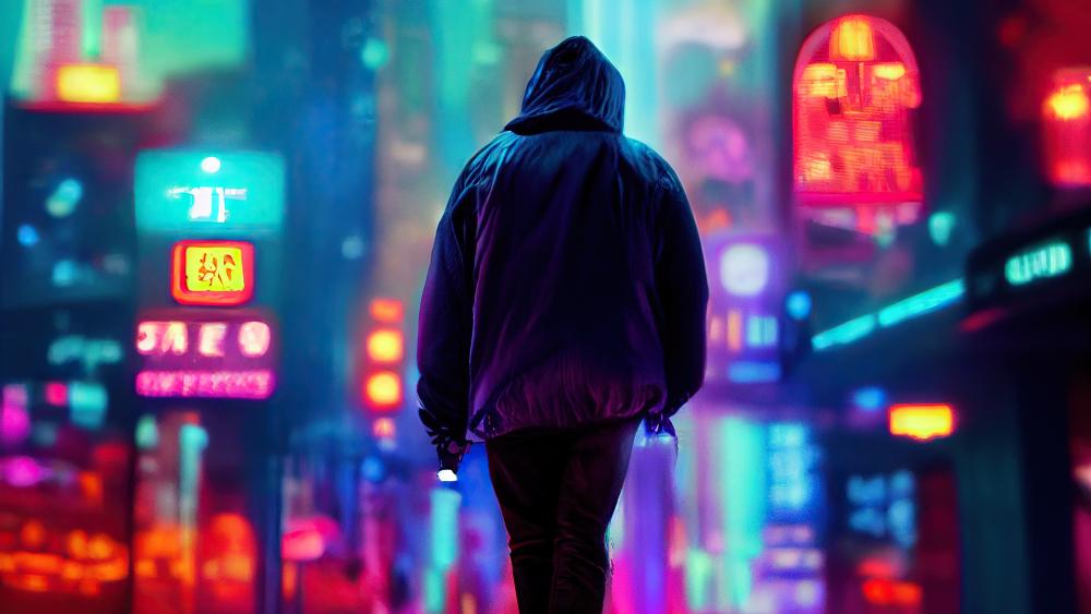 Neon Wanderer in Cyberpunk Cityscape wallpaper