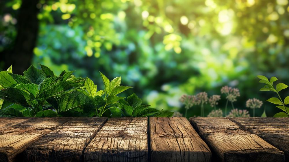 Wooden Planks and Lush Greenery wallpaper