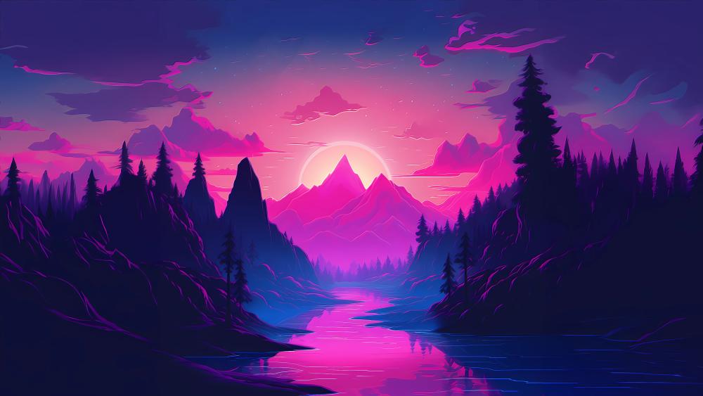 Neon Fantasy Sunset in Pink Mountains wallpaper