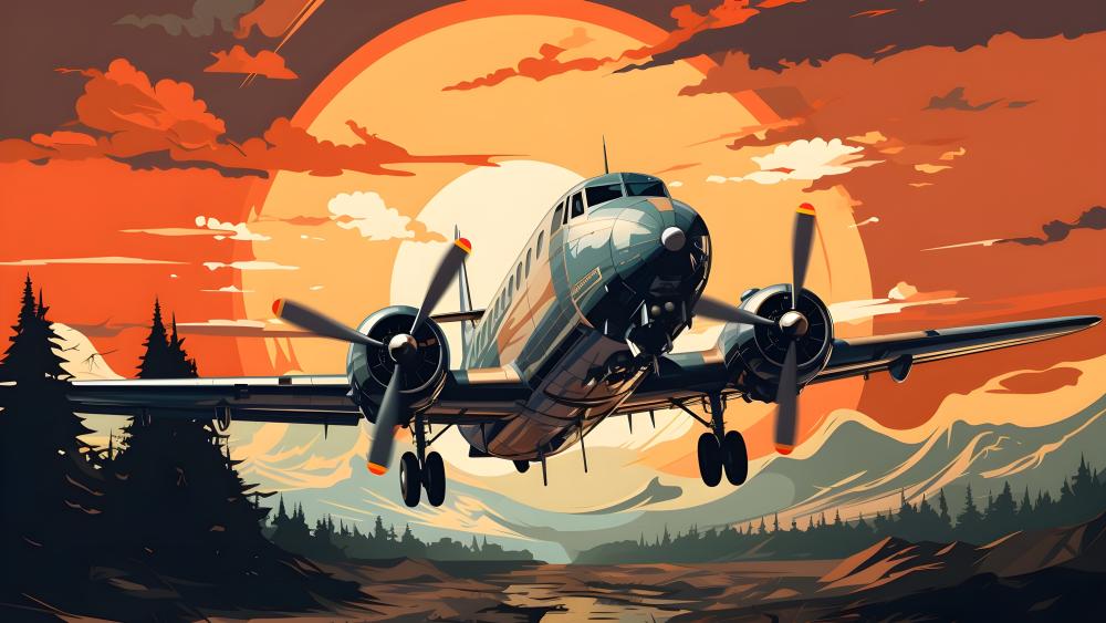 Aircraft in Vintage Sunset Landscape wallpaper