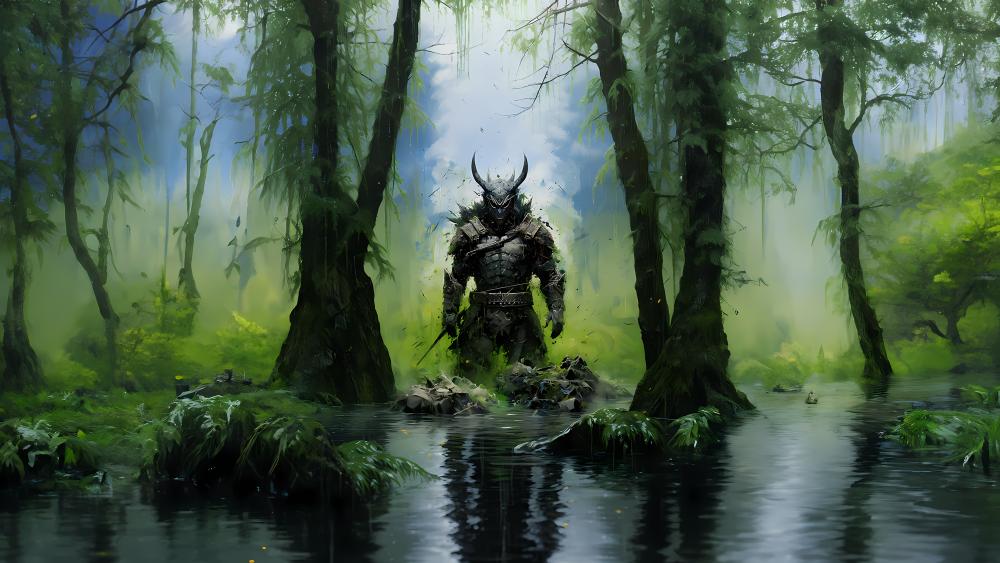 Mystical Samurai Warrior in Enchanted Swamp wallpaper