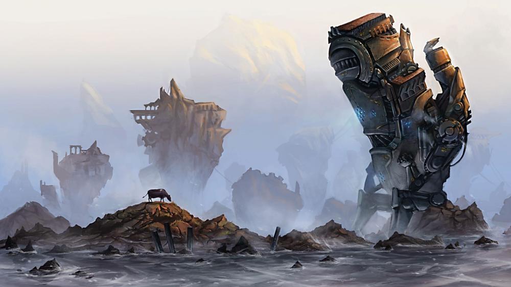 Steampunk Robot in Fantasy Landscape wallpaper