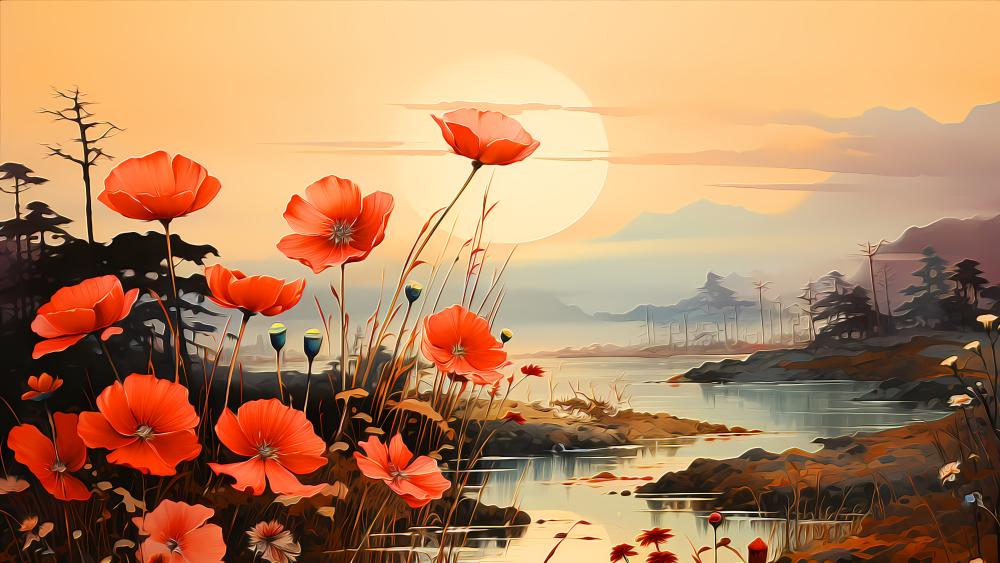 Poppies by the River at Sunset wallpaper