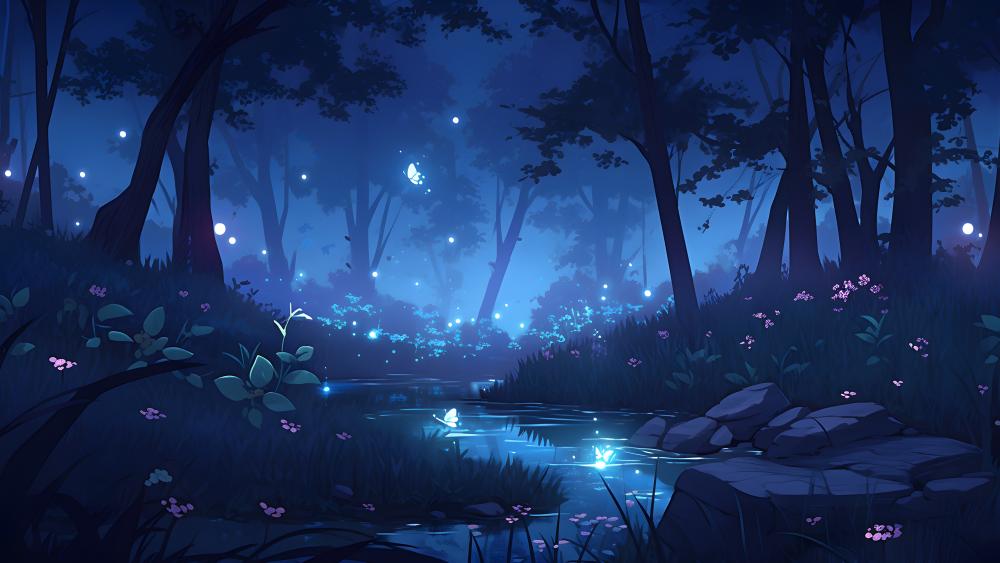 Enchanted Night Forest with Glowing Butterflies wallpaper