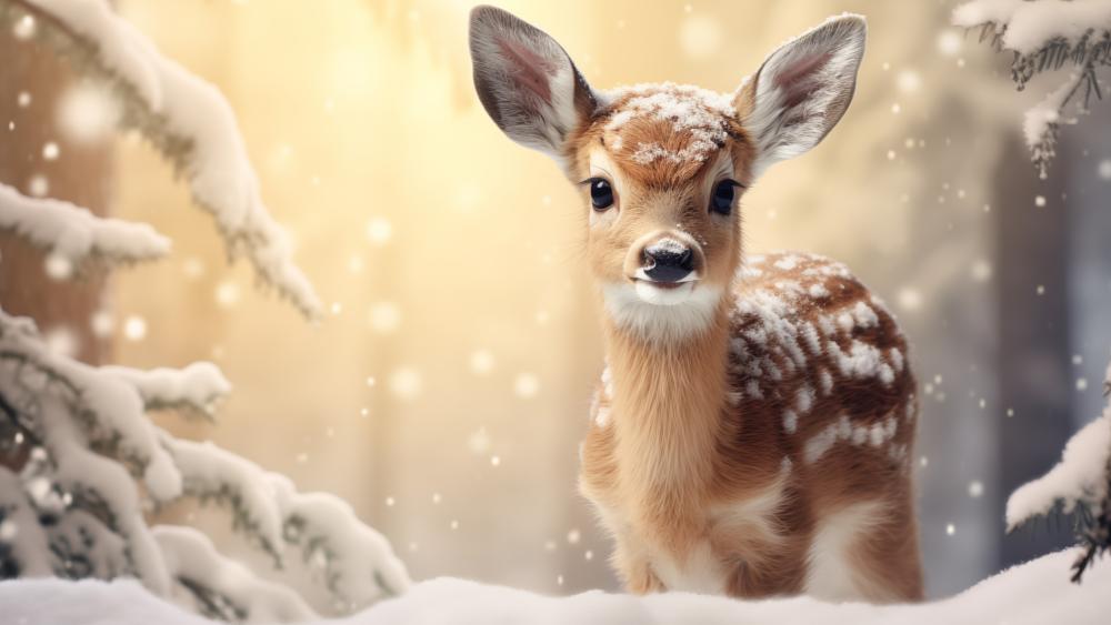 Adorable Fawn in Enchanted Snowy Forest wallpaper